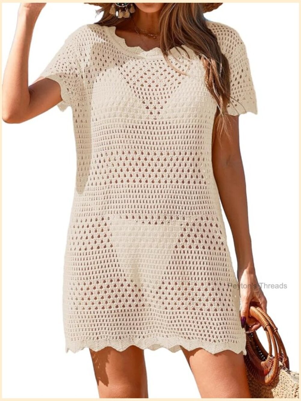 Crochet Swimsuit Cover Up Mini Dress Short Sleeve Beach Coverup